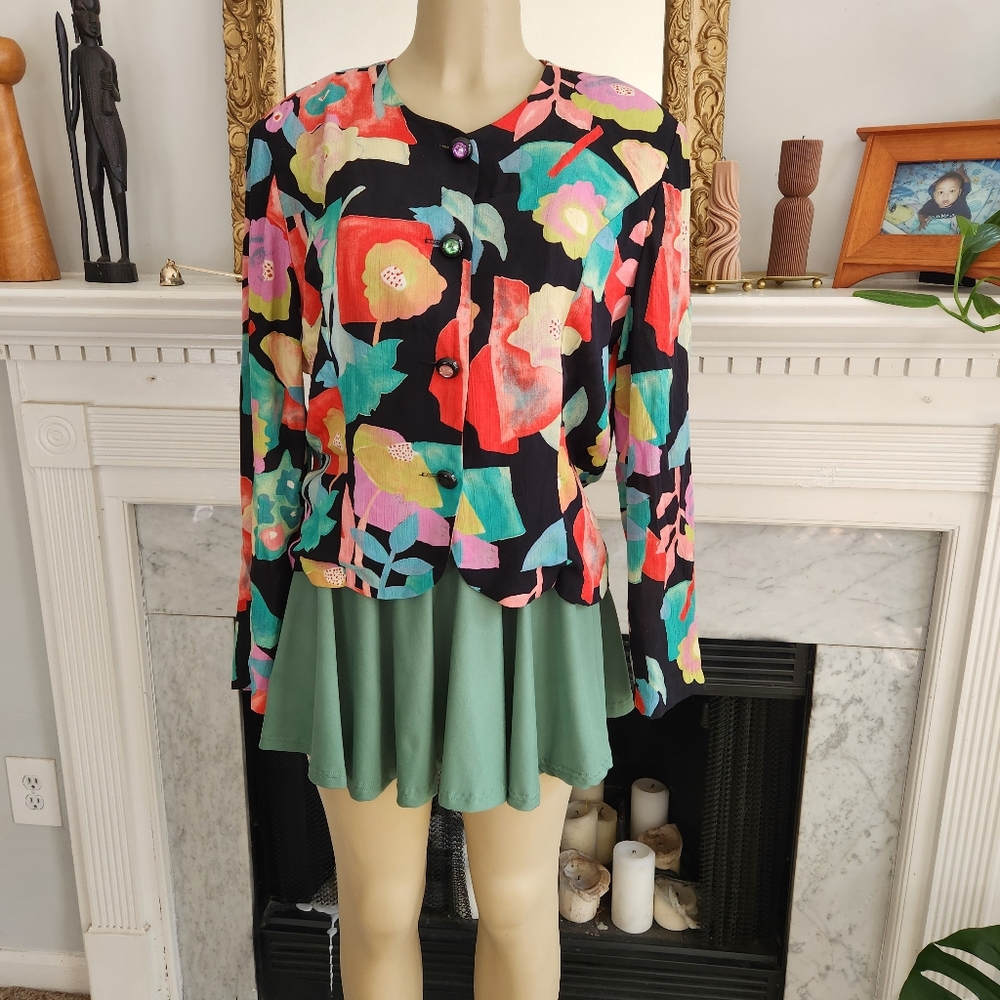 Vintage 80s Black Floral Boxy Cropped Blazer Size 16